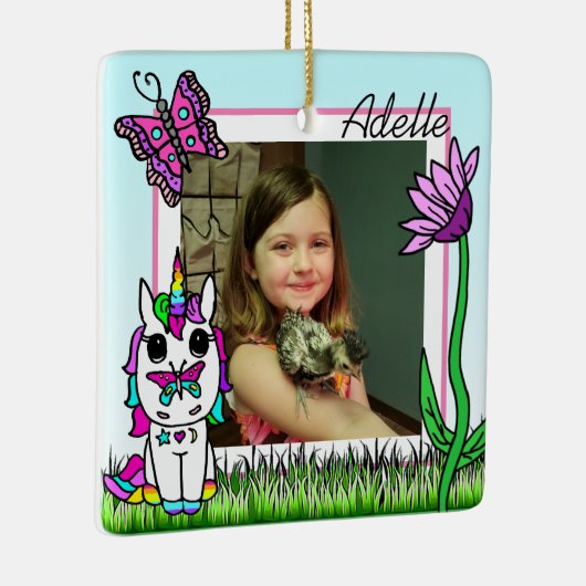 Einhorn, Regenbogen, Name der Blume und Foto Weihn Keramikornament (Rechts)