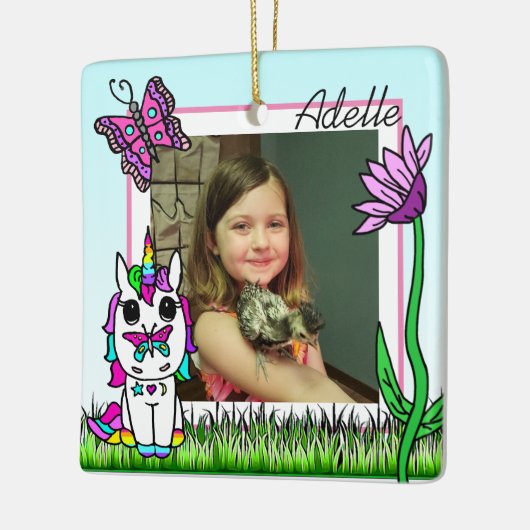 Einhorn, Regenbogen, Name der Blume und Foto Weihn Keramikornament (Links)