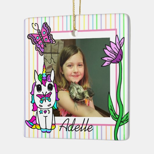 Einhorn, Regenbogen, Name der Blume und Foto Weihn Keramikornament (Links)