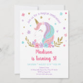 Einhorn Regenbogen Rosa Goldener Blumenreath Gebur Einladung (Vorderseite)