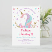 Einhorn Regenbogen Rosa Goldener Blumenreath Gebur Einladung (Stehend Vorderseite)