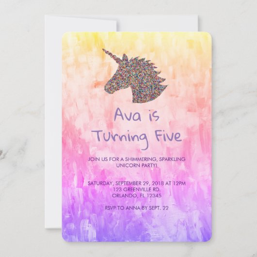 Einhorn-Regenbogen-Sprinklen Einladung zum Geburts (Vorderseite)