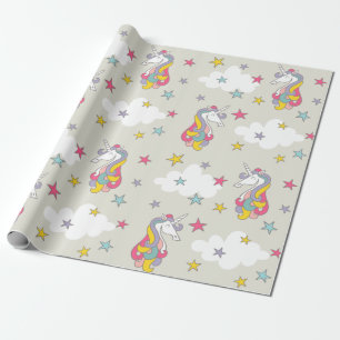 Einhorn-Regenbogen-Wolken und bunte Sterne Geschenkpapier