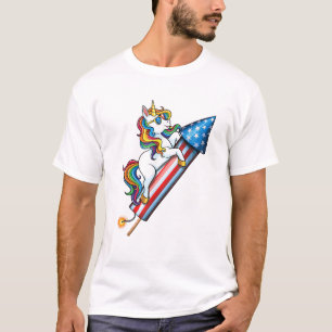 Einhorn-Reiten Feuerwerk Amerikanische USA-Flagge T-Shirt