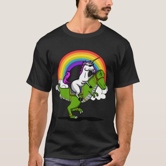 Einhorn reitet T-Rex Dinosaurier T-Shirt (Vorderseite)