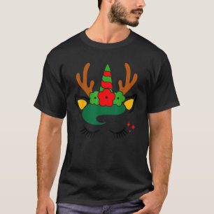 Einhorn-Rentier-Gesicht mit Blumenkranz Süßes Weih T-Shirt