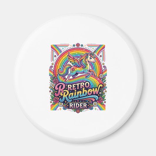 Einhorn Retro Regenbogen Reiter Magnet (Vorne)