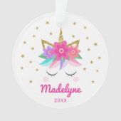Einhorn Rosa Blume Sterne Personalisierter Name Ornament (Vorderseite)