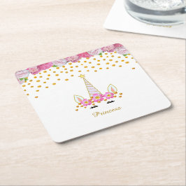 Einhorn, rosa Blumen & goldenes Konfetti Rechteckiger Pappuntersetzer