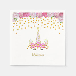 Einhorn, rosa Blumen & goldenes Konfetti Serviette
