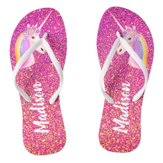 Einhorn Rosa Glitzer Glitzern Personalisiert Badesandalen (Fußbett)