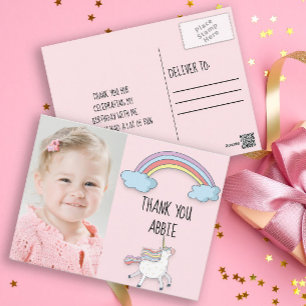 Einhorn Rosa / Regenbogen-Geburtstagsfoto Danke Postkarte