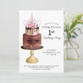 Einhorn Rose Goldschokolade Kuchen 1. Geburtstag Einladung (Stehend Vorderseite)