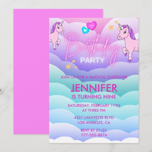Einhorn-Ruhepause Einladung 9. Geburtstag Rosa (Vorne/Hinten)