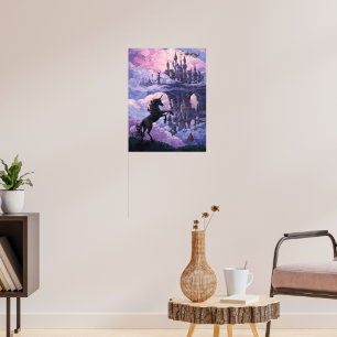Einhorn-Silhouette und Schloss in rosa Wolken Poster