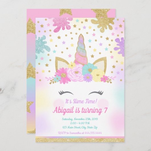 Einhorn Slime Einladung Slime Party Einhorn (Vorne/Hinten)