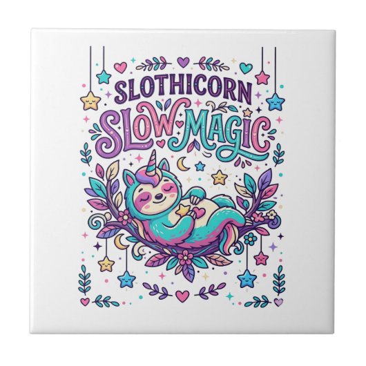 Einhorn Slothicorn Langsame Magie Farbiger Marktpl Fliese (Vorderseite)