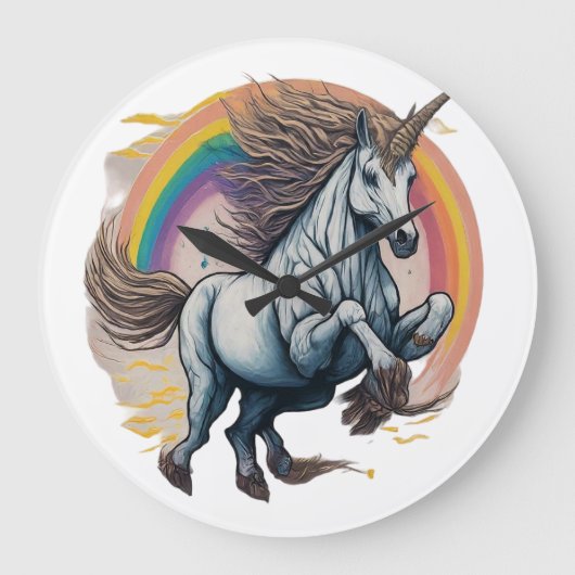 Einhorn springt über einen Regenbogen. Große Wanduhr (Vorderseite)