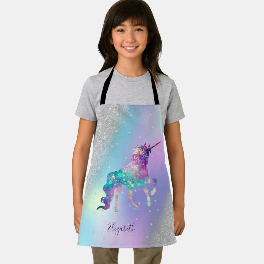 Einhorn, Sterne, Silberner Glitzer Bokeh Holograph Schürze (Insitu)