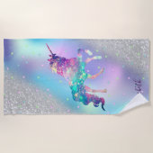 Einhorn, Sterne, Silberner Glitzer Bokeh Holograph Strandtuch (Vorderseite)