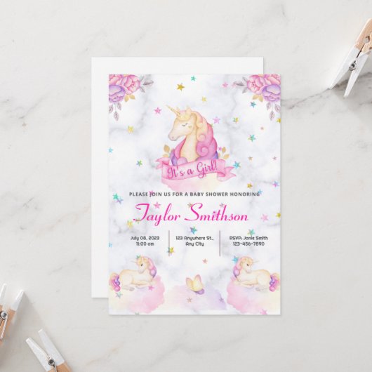 Einhorn, Sterne und Wolken Rosa Thema Kinderdusche Einladung (Vorderseite/Rückseite Beispiel)