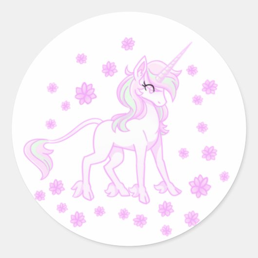 Einhorn-Sticker mit rosa Frühlingsblumen Runder Aufkleber (Vorderseite)
