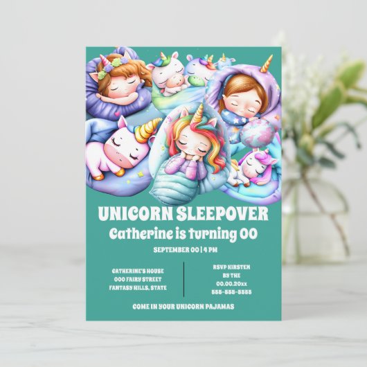 Einhorn-Themenlepover-Schlummerpajama-Kinder Einladung (Stehend Vorderseite)