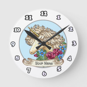 Einhorn-Uhr mit Rose Runde Wanduhr