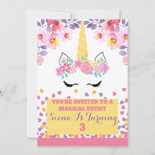 Einhorn und Blume Einladung zum Geburtstag (Vorderseite)