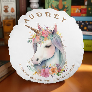 Einhorn und Blumenkranz Rundes Kissen