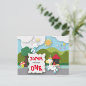 Einhorn und Bunny First Birthday Einladung Postkarte (Stehend Vorderseite)