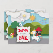 Einhorn und Bunny First Birthday Einladung Postkarte (Vorne/Hinten)