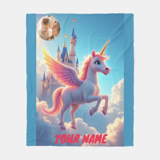 Einhorn und Burg in rosa personalisiert und Foto Fleecedecke (Vorderseite)