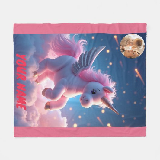 Einhorn und Burg in rosa personalisiert und Foto Fleecedecke (Vorderseite (Horizontal))