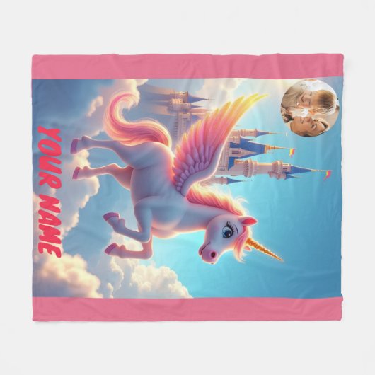 Einhorn und Burg in rosa personalisiert und Foto Fleecedecke (Vorderseite (Horizontal))