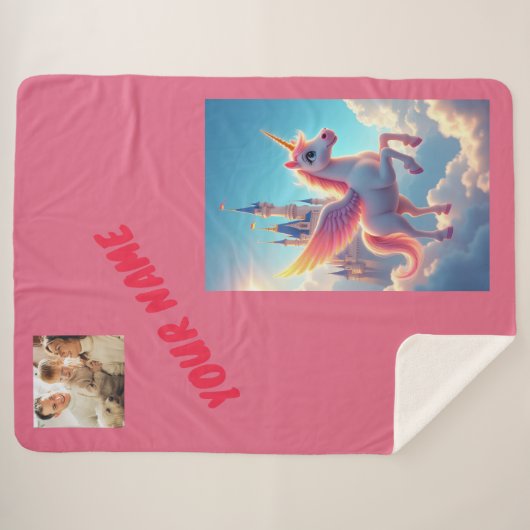 Einhorn und Burg in rosa personalisiert und Foto Sherpadecke (Vorderseite (Horizontal))