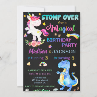 Einhorn und Dinosaurier - Einladung zum Geburtstag