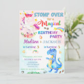 Einhorn und Dinosaurier - Einladung zum Geburtstag (Stehend Vorderseite)