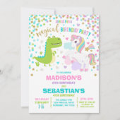 Einhorn und Dinosaurier Geburtstag Einladung Gesch (Vorderseite)