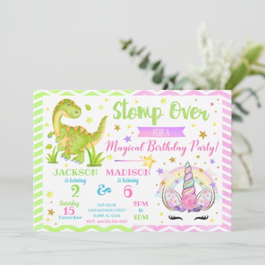 Einhorn und Dinosaurier Gemeinsame Einladung zum G (Stehend Vorderseite)