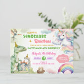 Einhorn und Dinosaurier Gemeinsamer Geburtstag Einladung (Stehend Vorderseite)