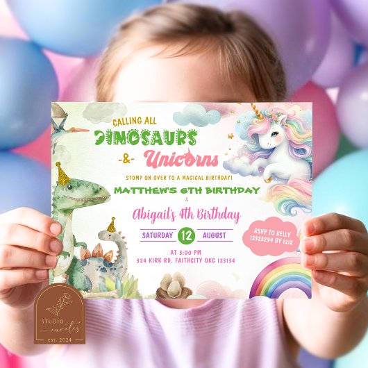 Einhorn und Dinosaurier Gemeinsamer Geburtstag Einladung