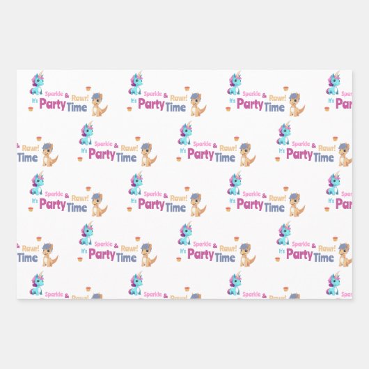 Einhorn und Dinosaurier Joint Kids Party Custom Geschenkpapier Set (Vorderseite)