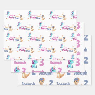 Einhorn und Dinosaurier Joint Kids Party Custom Geschenkpapier Set