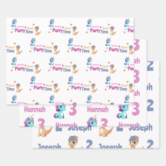 Einhorn und Dinosaurier Joint Kids Party Custom Geschenkpapier Set (Set)