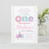 Einhorn und Donut 1. Geburtstag Einladung (Stehend Vorderseite)