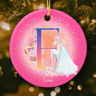 Einhorn und Druckbuchstabe E Monogramm Weihnachten Keramik Ornament
