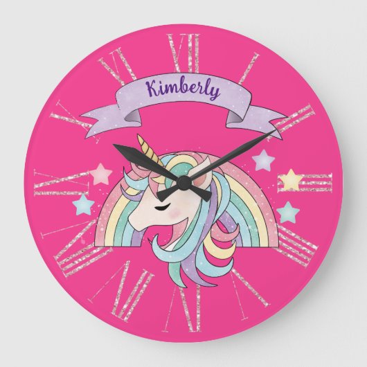 Einhorn und Funkelnd Regenbogen-Individuelle Name Große Wanduhr (Vorderseite)