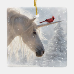 Einhorn und Kardinal Fantasy Schöne Weihnachten Keramikornament