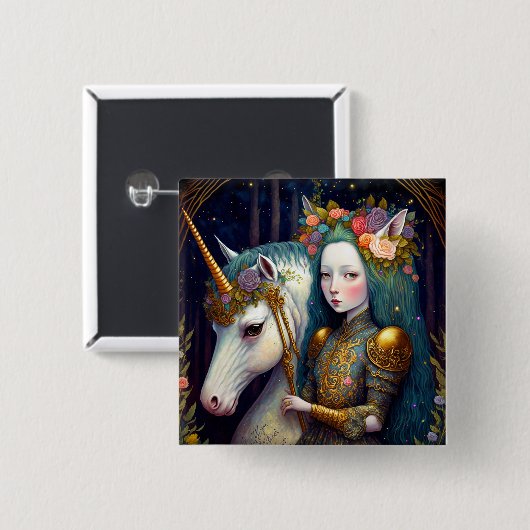 Einhorn und Lady Fantasy Art Button (Vorne & Hinten)